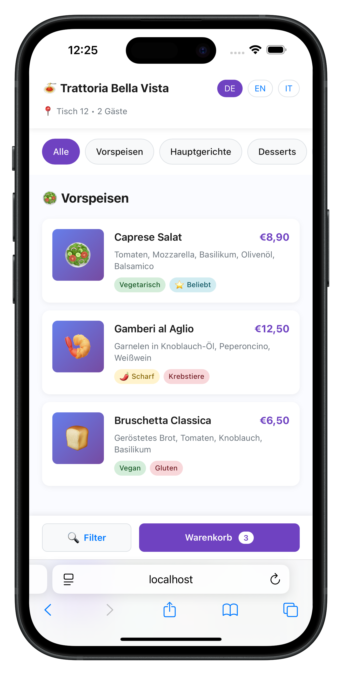 Schritt 2: Menü durchsuchen mit Sprachen- und Allergene-Filter