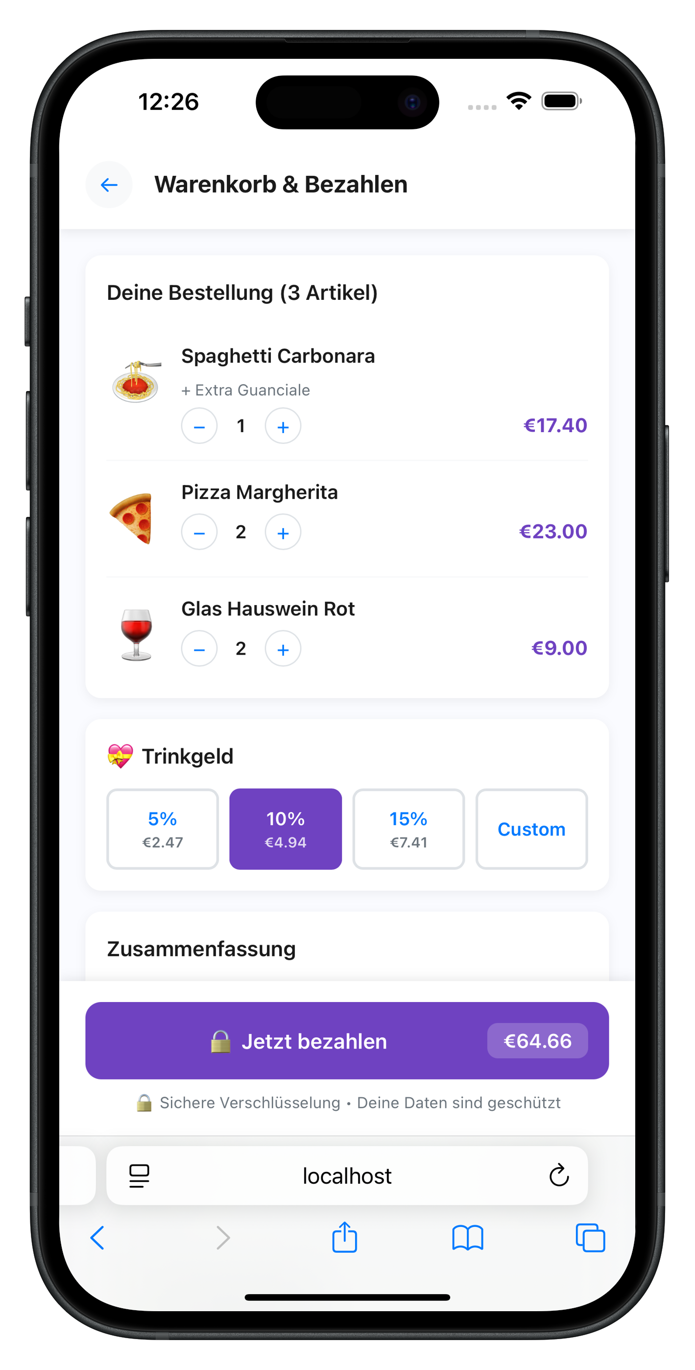 Schritt 4: Bezahlen am Tisch mit Karte, Wallet und Trinkgeld-Option